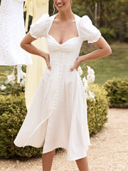 Summer Leisure Time Pure Color Dresses Front Open Button Straight Neck Bubble Short Sleeve Slim Fit White Elegant Long Dress