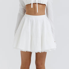 Lizakosht White Skirt Female High Waist Back Bandage Patchwork Lace Hem Mini Skirt for Women Fashion Style 2023 New