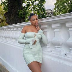 Lizakosht Mesh Sexy Dress for Women 2022 Slash Collar Flared Sleeves Lace-up Mini Bodycon Dress Boat Neck Pleated Tight Dress