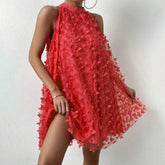 Lizakosht Chic Loose Halter Party Dress Sexy Solid Color Applique Butterfly Big Hem Dresses Ladies Liner Mesh Short Dress For Women