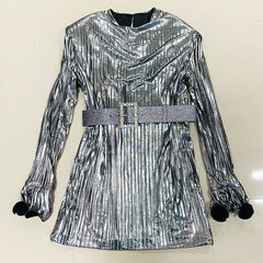 Lizakosht Pleated Mini Dress with Belt Silver Gold 2022 New Designer BLING BLING Shiny Long Flare Sleeve Fashion Party Summer Dress