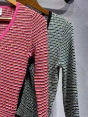 Lizakosht Rowling Mirror Striped Belt Knit Women Cardigan V-neck Long Sleeve Loose Lady Blouse Casual Female Tops