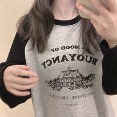 Lizakosht Vintage Sweatshirt Women Autumn Letter Print Fleece Loose Raglan Sleeve Cotton Pullovers Grunge Clothes