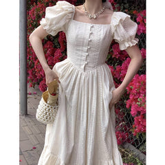 Lizakosht Elegant Square Collar White Dress Summer Fashion Puff Sleeve Ruffle Dress for Women Chic Vintage Maxi Dresses New