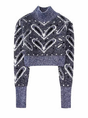 Lizakosht Elegant Women Knit Cropped Jacquard Sweater With Pompoms High Neck Long Sleeves Pullovers Streetwear
