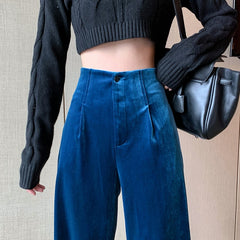 Lizakosht Winter Velvet Elegant Y2k Pants Women Solid Casual Korean Style Wide-legged Pants Loose Casual Designer High-waist Trousers