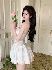 Lizakosht Sexy Office White Lace Up Backless Slim Wrapping Women Korean Summer Bow Collar Mesh Suspenders Ruffles Mini Vest Dresses Female