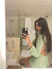 Lizakosht Women Umbra Shredded London Backless Long Sleeve Laddered Knit Mini Dress