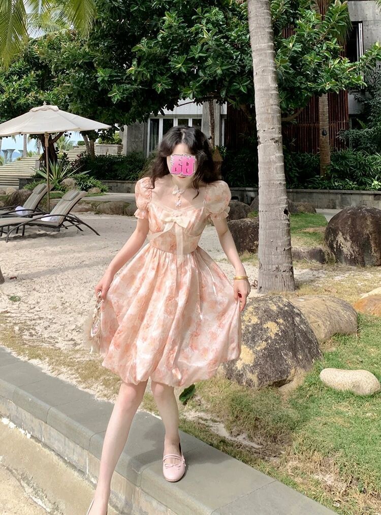 Summer Chiffon Printing Bow Sweet Dress Women Designer Bandage Backless Kawaii Dress Female Korean Glitter Cute Mini Dress 2022
