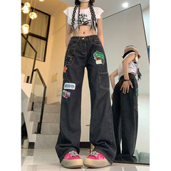 Lizakosht Long Embroidered Animal Baggy Jeans Woman Retro Brown Trousers Fashion Couple Denim Jogging Pants High Waist Straight Old Jean