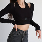 Sexy Slim Crop Top Women Y2K Hollow Out Solid Button Patchwork Bottoming Long Sleeve T-shirts Fake Two-piece Streetwear
