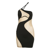 Lizakosht Sexy Club Sheer Mesh Dress 2022 Ladies Sleeveless Paneled Slanted Shoulder Slim Fit Hip Dress