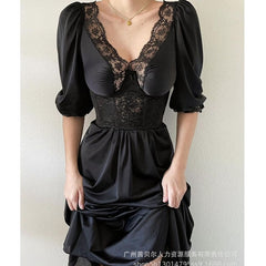 Lizakosht Summer Fashion Solid Color Lace Pleated Stitching Ruffle Dress Women's Dress Women's Short Puff Sleeve V-neck High Waist Dress