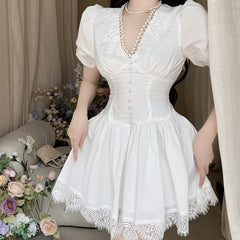 V-neck Lace Princess Dress Sexy Women's Summer Mini Dress 2022 Black High Waist Slim Puffy Short Sleeve Party Dress Robe Femme