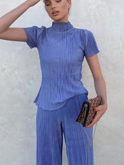 Lizakosht 2 Piece Sets Women Outfits Autumn Short Sleeve Shirts Tops And Wide Legs Pants Femme High Street Matching Sets