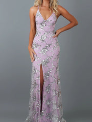 Summer Women'S Clothing Sequin Dress Sexy V-neck Prom Dress Suspender Open Back Lace Up Slit And Ground Evening Pink Dress