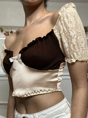 Lizakosht Tee Shirt Femmes Crop Tops V-neck Backless Puff Sleeves Lace Top Womens Tops and Blouses Summer Clothes Fashion T Shirt