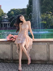 Cross Straps Dress Women Summer French Irregular Lace Part Dresses Elegant Ruffle Sexy Beachwear Ruched Slip Dress Femme Robe