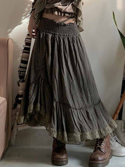 Lizakosht Long Skirt Vintage A-line Lace Splice Low Waist Maxi Skirts for Women Casual Country Style Summer Clothes Fashion