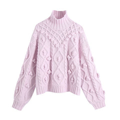 Lizakosht Autumn/Winter New Fashion All-match Solid Color Ball-shaped Knitted Long Sleeve Sweater Korean Pink Casual Loose Sweater