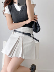 Lizakosht Vintage Summer Front Side Ruched Dropped Pleated Mini Skirt Preppy Style High Waist A-Lined Short Skirts Back Zipper