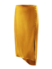 Lizakosht Women New Design Summer Skirt Solid Yellow Green High Waist Female Side Split Sexy Ladies Silk Skirts