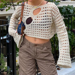 Lizakosht Hollow Out Women Knitted T Shirts Y2K Crop Top Summer Beach Cover Up Fashion Casual Crppped Tops Tees Woman Clothes 2022