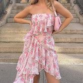 Lizakosht Elegant Fashion Ruffles Floral Asymmetrical Dress French Style Slash Neck Sleeveless Tube Dresses For Women 2022 Holiday