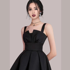 New 2022 Black Spaghetti Strap Mini Dress Sleeveless Sexy A-Line Party Dresses Satin Banquet High Waist Women Vestidos F175