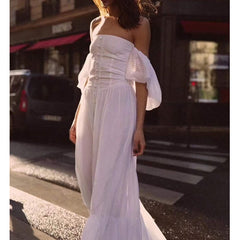 Lizakosht White Elegant Dress for Women Strapless Single-breasted Vintage Bodycon Dresses Lady High Waisted Puff Sleeve Clothing Party