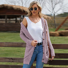 Lizakosht Autumn New  Women Casual Solid Color Knitted Cardigan Ladies Fashion  Button Pocket Long Sleeve Comfort Loose Hooded Coat