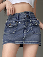 Lizakosht Vintage Y2k Denim Skirt Women Grunge Fairy Mini Jean Skirts Cyber Pockets Punk Retro Clubwear Hippie Blue Straight Short Skater