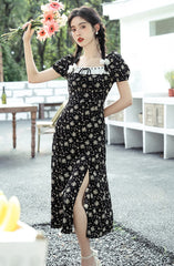 Lizakosht Summer Black Print Dress Woman Korean Chic Design Square Collar Puff Sleeve Sexy Slit Dresses For Party Vestido Negro Robe Noir