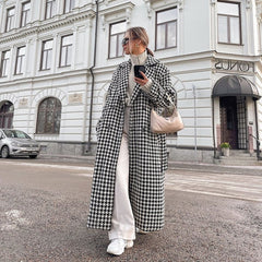 Lizakosht Women Houndstooth Wool Coat Autumn Winter Casual Elegant Long Sleeve Lapel Collar Double Breasted Warm Trench Jacket Outwear