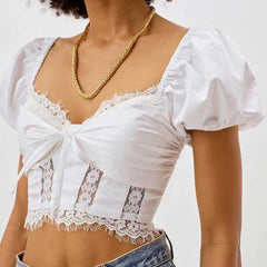 Lizakosht white lace blouse women bow tiend smocked back sexy women blouse summer new women top chic hot girl crop top