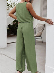 Lizakosht Women Solid V Neck Sleeveless Outfits Summer Casual Cotton Linen Button 2pc Fashion Vest Top And Drawstring Straight Pant Suits