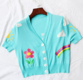 Lizakosht Summer Blue Sky Short Sleeve Sweater Women Flower Rainbow Cardigan Crochet Top Satin Top Pull Femme Causal Kawaii T Shirts 2023