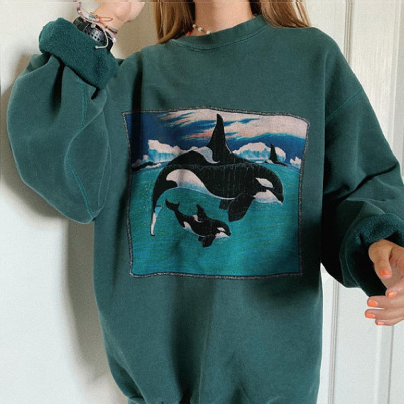 Lizakosht Street Fashion Whale Print Pullovers Women Spring Autumn Indie Y2k O Neck Long Sleeve Loose Sweatshirts Vintage Tops New