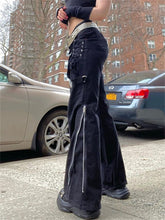 Lizakosht Gothic Alt Black Cargo Pants Chain Rock Punk Cyber Techwear Trousers Womem Low Waist Jogger Tie Up Wide Leg Pants Cyberpunk Pant