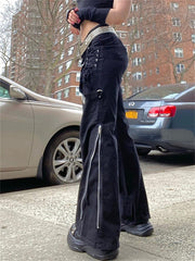 Lizakosht Gothic Alt Black Cargo Pants Chain Rock Punk Cyber Techwear Trousers Womem Low Waist Jogger Tie Up Wide Leg Pants Cyberpunk Pant