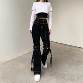 Lizakosht Woman Female High Waist Elastic Pants Girl All-Match Zipper Wash Denim Trousers Women Sexy Lace-Up Decorated Black Jeans