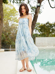 Lizakosht Bandage Sexy Slip Boho Beach Dress Sky Blue Floral Chiffon Women Long Dress Backless Elegant Maxi Dresses For Women Summer