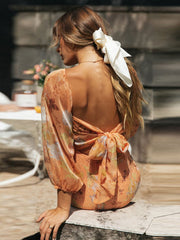 Lizakosht Fashion Square Collar Print Lantern Sleeve Chiffon Dress For Women 2023 Sexy Backless lacing Wrap-around Mini Dresses A2692