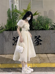 Lizakosht Square Neck Dress Feminine Bowknot Waist Closed Princess Skirt Bubble Short Sleeve Sundress Women Clothing Za Fashion Vintage