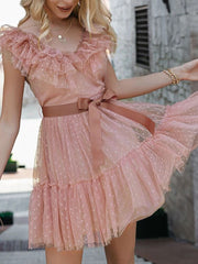 Lizakosht  Women Solid Ruffle Lace-up Sleeveless Dress Elegant V-Neck Lace Pleated A-Line Party Dress New Summer Vintage Chic Mini Dresses