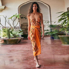Lizakosht New Moroccan Print Swimsuit Bikini Shirring Halter Neck Foreign Trade Swimsuit Veil One-piece Swimwear Cover Up Beachwear