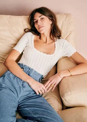 Lizakosht Women Square Neck Pretty Stitch Short Sleeve Knit Top Pointelle Knit Top With Wave Trim tees short lace tops 4PC3