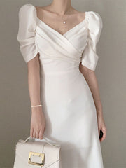 Summer Women Korean Style Chic Sweet Puff Sleeve Dress Female Lace Up Elegant Clothes