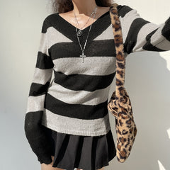 Knitted Stripe Sweater Women Vintage V Neck Long Sleeve Sweatshirts Tops Female Spring Loose Cute Preppy T Shirt Pullover