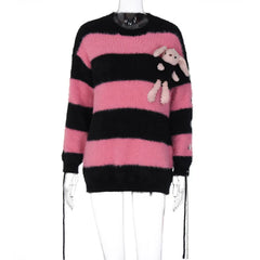 Lizakosht Autumn Winter Sweet Pink Sweater Woman Striped O-Neck Cute Pullover Casual Knitted Tops Streetwear Loose Tops Female Sweater